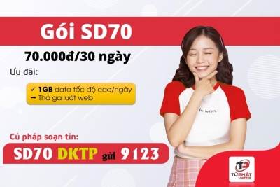 Gói cước SD70 Viettel chỉ 70K có ngay 30GB dùng suốt tháng